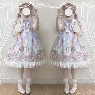 Printed Pinafore Dress / Lace Puff-sleeve Blouse