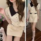 Short-sleeve Button-up Blouse / Two-tone Slim-fit Skirt