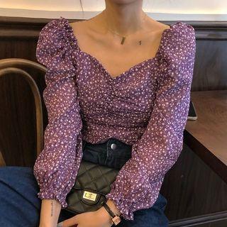 Puff-sleeve Floral Blouse Purple - One Size