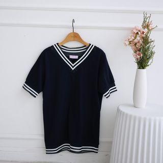 V-neck Contrast-trim Top Navy Blue - One Size