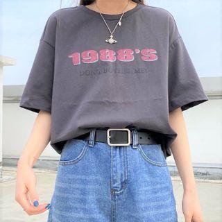Elbow-sleeve Lettering Print T-shirt Dark Gray - One Size