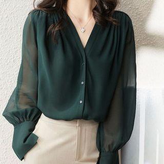 Long-sleeve V-neck Loose-fit Button-up Plain Silk Blouse