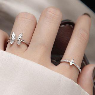 2 In 1 Rhinestone Butterfly Open Ring 1 Pair - 2 In 1 Rhinestone Butterfly Open Ring - White Gold - One Size