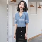 Short-sleeve V-neck Chiffon Blouse / Midi Skirt / Set