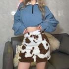 Rhinestone Buckle Belted Fluffy Cow Print Mini Skirt