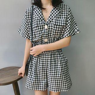 Short-sleeve Checker Wide-leg Playsuit