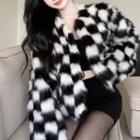 Checkered Furry-knit Jacket / High Waist Mini A-line Skirt