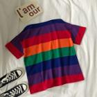 Color-block Striped Off-shoulder Short-sleeve Top As Figure - One Size