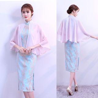 Panel Cape-sleeve Floral Qipao