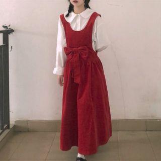 Peter Pan Collar Shirt / Bow Midi A-line Overall Dress