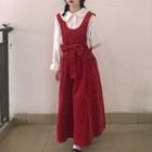 Peter Pan Collar Shirt / Bow Midi A-line Overall Dress