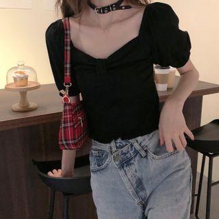 Puff-sleeve Plain Cropped Top Black - One Size