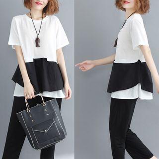 Set: Color Block Short-sleeve T-shirt + Cropped Pants