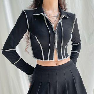 Long-sleeve Contrast Stitched Crop Zip-up Polo Shirt