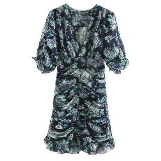 Short-sleeve Paisley Print Frill Trim Dress