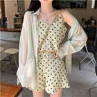Dotted Camisole / High-waist Shorts / Chiffon Open-front Cardigan