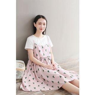 Cactus Print Short-sleeve Mock Two-piece Dress