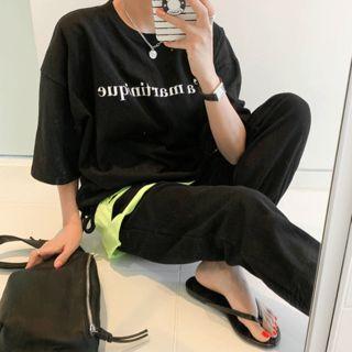Set: Letter Print Drawstring-waist Top + Band-waist Pants