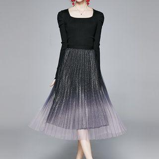 Set: Square-neck Long-sleeve Knit Top + Glitter Midi Accordion Pleat Skirt
