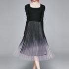 Set: Square-neck Long-sleeve Knit Top + Glitter Midi Accordion Pleat Skirt
