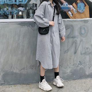 Plaid Long-sleeve Midi Shirt Dress White - One Size