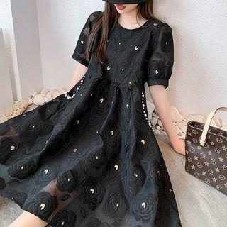 Short-sleeve Heart Embroidered Midi Dress