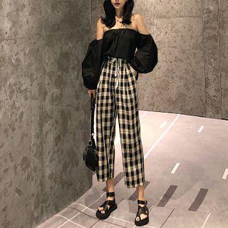 Off-shoulder Puff-sleeve Top + Plaid Pants