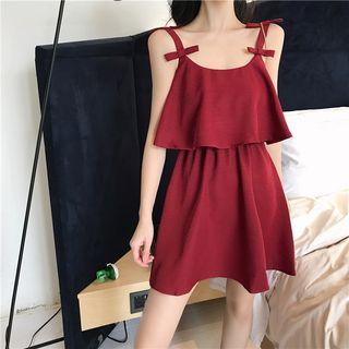Plain Mock Two-piece Bow-accent Sleeveless Dress Red - One Size