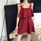 Plain Mock Two-piece Bow-accent Sleeveless Dress Red - One Size