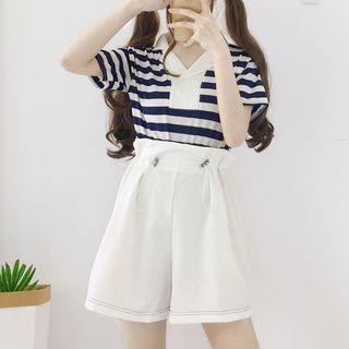 Set: Striped Short Sleeve Polo Shirt + Wide Leg Shorts