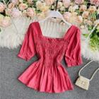 Square-neck Elbow-sleeve Slim-cut Blouse