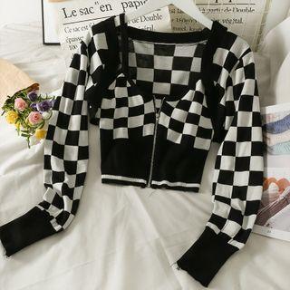 Checkerboard Zipper Camisole Top / Knit Shawl