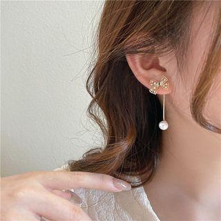 Sterling Silver Rhinestone Ribbon Faux Pearl Drop Earring Ndyz219 - 1 Pair - Gold & White - One Size