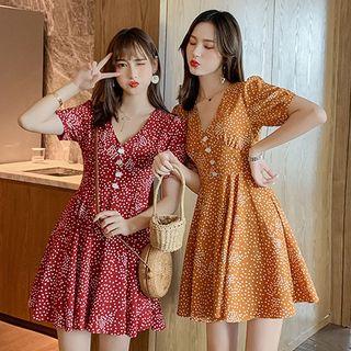 Dotted Sort-sleeve Buttoned A-line Dress