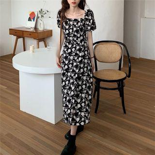 Short-sleeve Floral Chiffon A-line Midi Dress / Zip Jacket