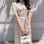 Patterned Short-sleeve Midi A-line Dress Off-white - One Size
