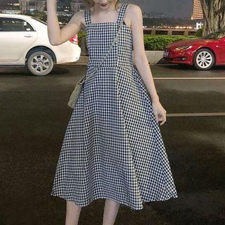 Spaghetti Strap Check Midi A-line Dress Black - One Size