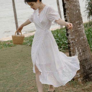 Plain V-neck Split A-line Midi Dress