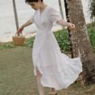 Plain V-neck Split A-line Midi Dress