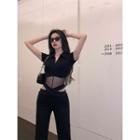 Short-sleeve Mesh Panel Blouse / Straight Leg Pants