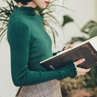 Mock Collar Frilled Knit Top