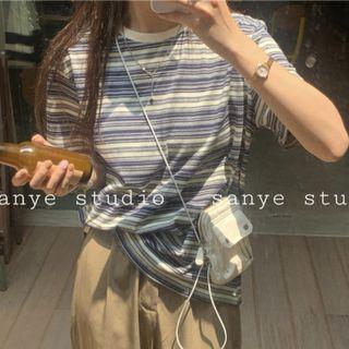 Short-sleeve Striped T-shirt Gray & White - One Size