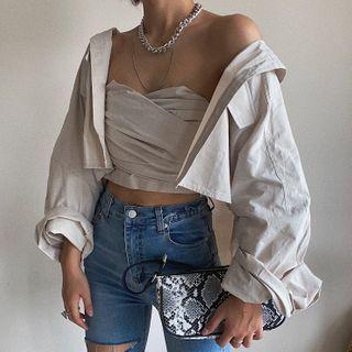 Set: Plain Shirt + Strapless Cropped Top