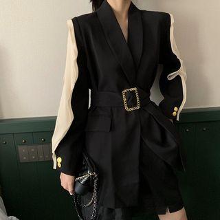 Open-front Colorblock Long Blazer With Belt