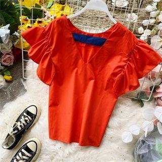 V-neck Frill-sleeve Plain Top