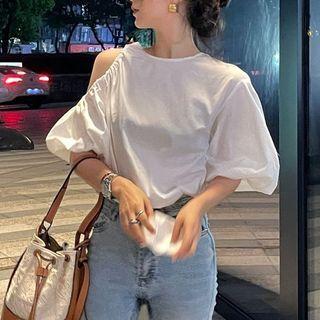 Puff-sleeve Cold Shoulder Blouse White - One Size