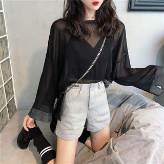 Plain Long-sleeve Loose-fit Knit Top / Plain Shorts