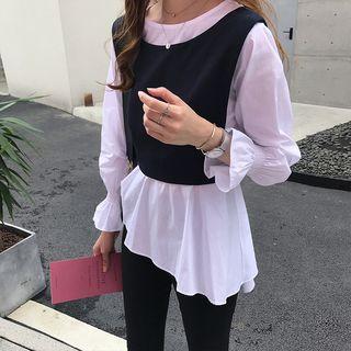 Set: Bell-sleeve Blouse + Cropped Tie-back Vest