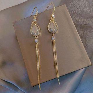 Fringed Rhinestone Drop Earring 1 Pair - Gold - One Size