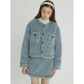 Snug Club Contrast-trim Fleece Jacket Light Blue - One Size